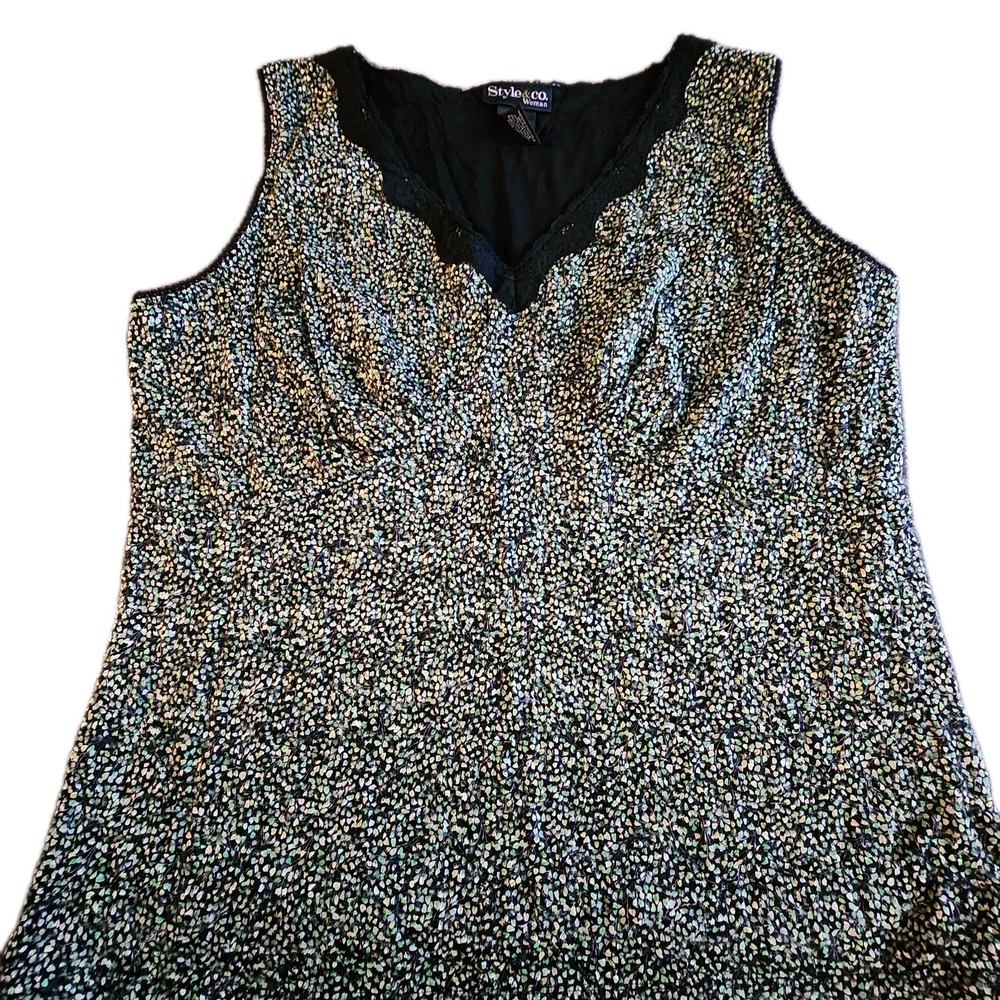 Style & Co Babydoll‎ Tank Top 1X Black Green Lace Trim Y2K Retro Forrest Plus